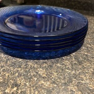 Set of Blue Glass Plates Vintage Pyrex Festiva Swirl Pattern Discontinued